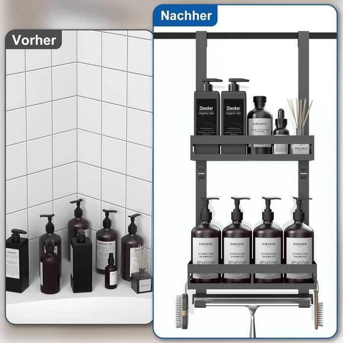 Настінна поличка для душу без свердління, органайзер для ванної кімнати з 2 кошиками, тримач для шампуню, чорний, 2 яруси