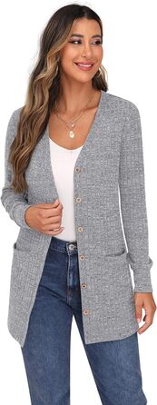 Жіночий в'язаний кардиган Grecerelle з довгими рукавами, сірий, з кишенями та V-подібним вирізом, XL