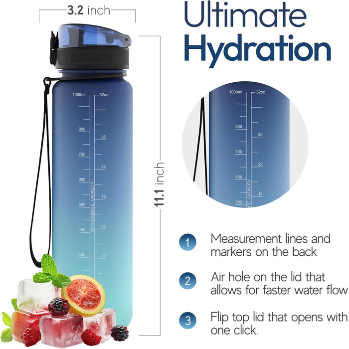 Embrava Best Sports Bottle - 1000ml - fast-flowing, flip-top leak-proof lid that opens with a click - non-toxic, BPA-free & eco-friendly Copolyester-Tritan plastic (Aqua Fusion)