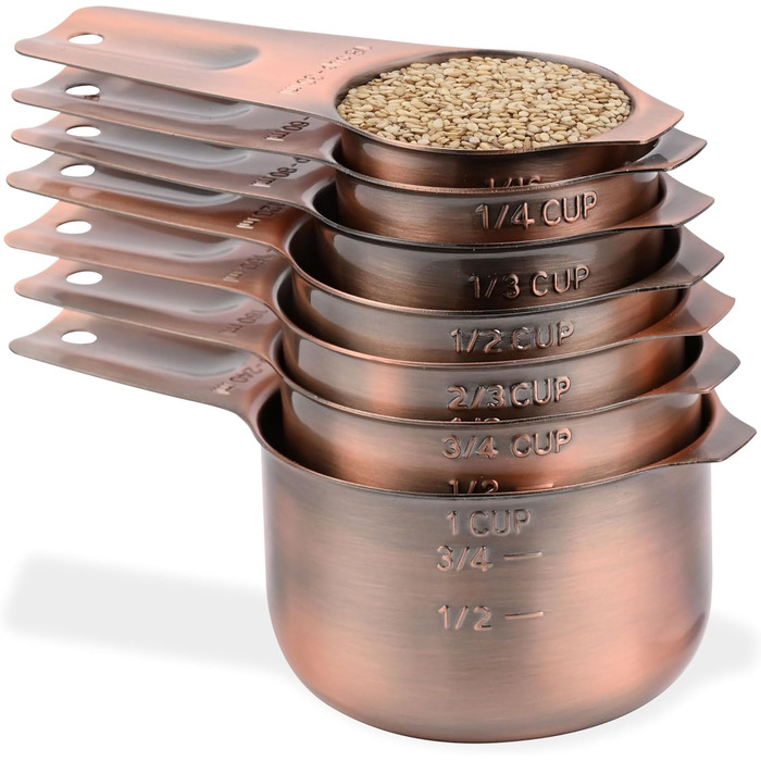 Copper Measuring Cup and Spoon Set, Stainless Steel Measuring Cups and Spoons, Metric, 7 Measuring Cups and 9 Long Measuring Spoons, 1 Leveler and 1 Conversion Chart for Kitchen, Cooking, and Baking