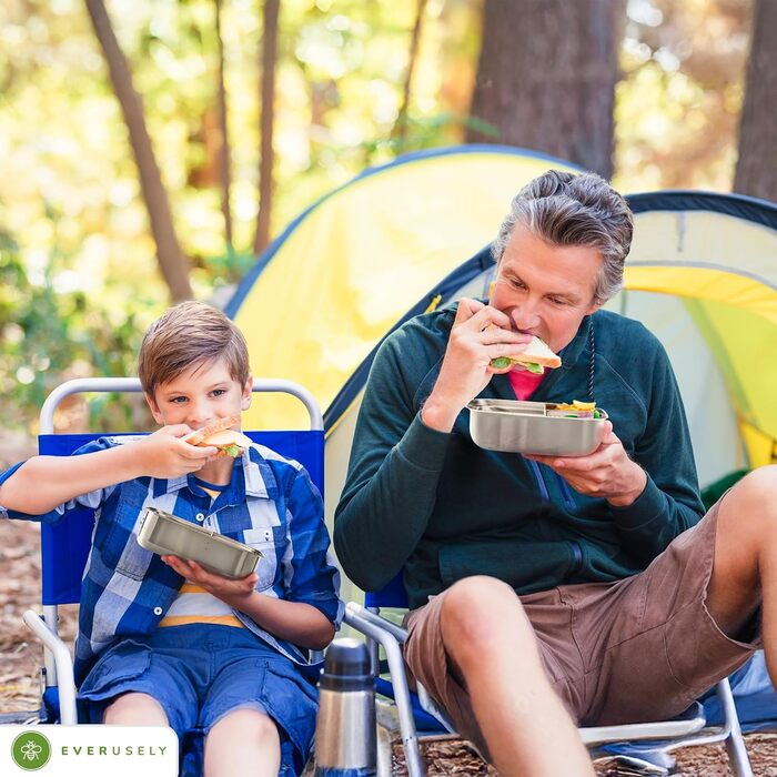 Everusely Ланчбокс Bento Box 0,8 л з нержавіючої сталі з контейнером для спецій та органайзером для перекусів (3 відділення)