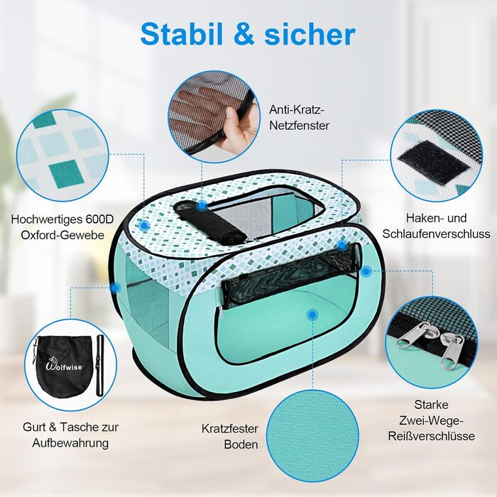 Вольвайз Вопенауфста: Переносний вольєр для тварин 90x60x60 см, для собак, котів, кроликів, для дому та вулиці, зелений