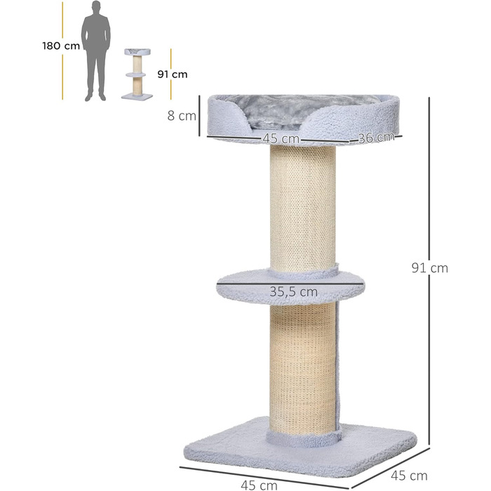 PawHut Cat Tree Small 91 cm Cat Tree with Cat Bed, Cat Scratching Post Play Tree Scratching Post with Platform for Cats up to 5 kg Sisal Lambswool Light Blue