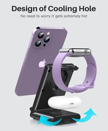 3-в-1 Бездротовий зарядний пристрій: для iPhone 16, 15, 14, 13, 12, 11 Pro Max, Apple Watch та AirPods Pro