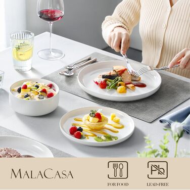 MALACASA Dinnerware Set for 6, LUNA 18-Piece Tableware Set made of White Porcelain, Modern Dinnerware Set with 6 Dinner Plates, Dessert Plates, and Cereal Bowls each