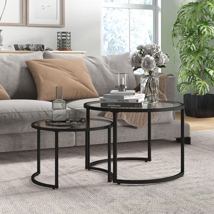 HOMCOM Set of 2 Side Tables with Black Steel Frame and Tempered Glass Tabletop, Partially Stackable for Living Room & Lounge