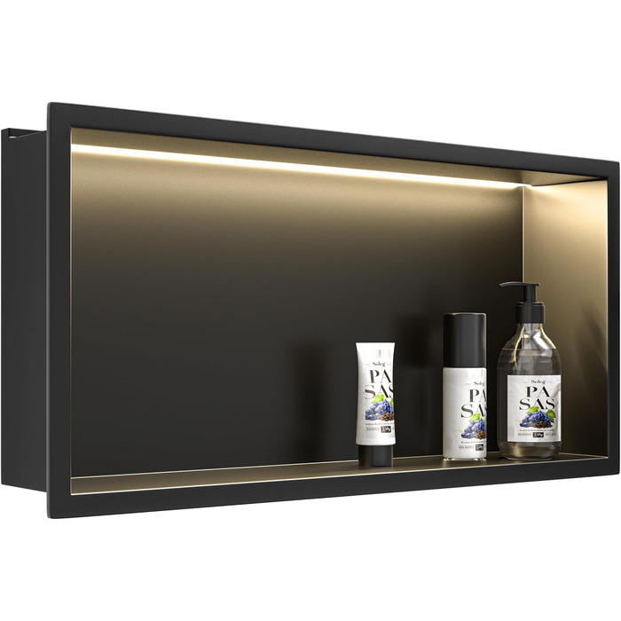 Stainless Steel Corner Shower with LED Strip Lighting, 60 cm x 30 cm, Waterproof - No Tiles Required, Bathroom Storage, Niche, Matte Black