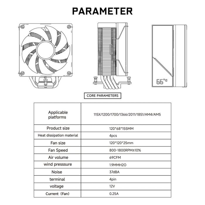 Кулер для CPU Jungle Leopard KF420E з дисплеєм температури, 4 heat pipes, 1800RPM ARGB PWM вентилятор, для LGA 115X/1200/1700/1366/2011/1851, AM4/AM5 (Чорний)