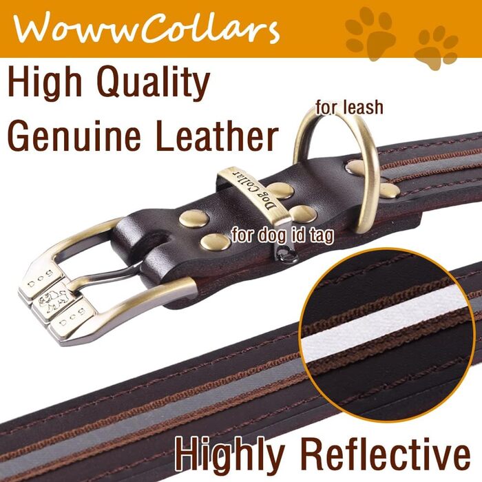Шкіряний нашийник для собак з відбиваючим ефектом, регульований, м'який, з підкладкою, для маленьких, середніх та великих собак (Колір: Коричневий, Розмір L (46-56 см))