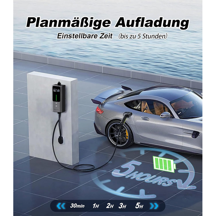 Кабель для зарядки електромобіля Type 2, 3.6 кВт / 5 м, 6A-16A, портативний зарядний пристрій для електрокар, сумісний з EU-Schuko (3.68 кВт)