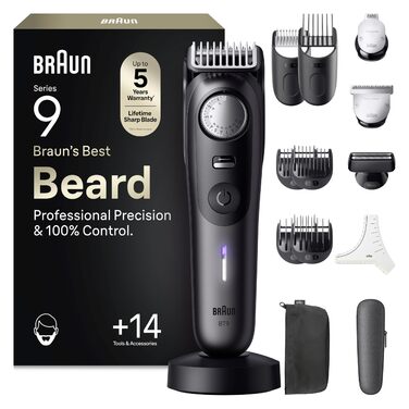 Триммер для бороди Braun Series 9 BT9565: професійний набір 14 насадок, титанове лезо, акумулятор до 180 хв, водонепроникний, 52 налаштування довжини
