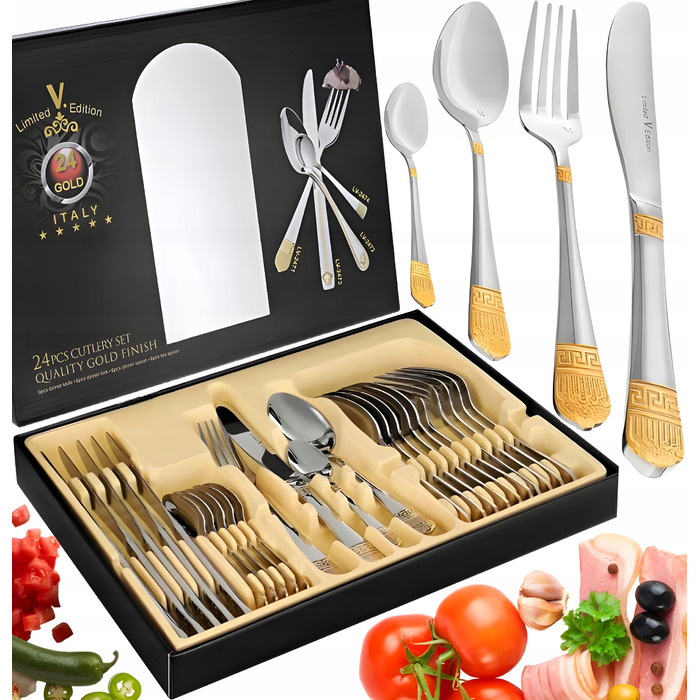 Золотий набір столових приборів у грецькому стилі, 24 предмети, обідній сервіз на 6 осіб у подарунковій коробці