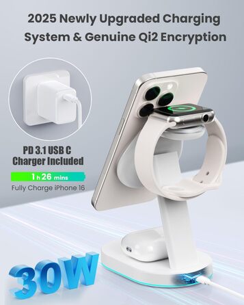 Бездротова зарядка 3-в-1 з MagSafe, USB-C та нічним світлом для iPhone 16/15/14/13/12, Apple Watch та AirPods (біла)