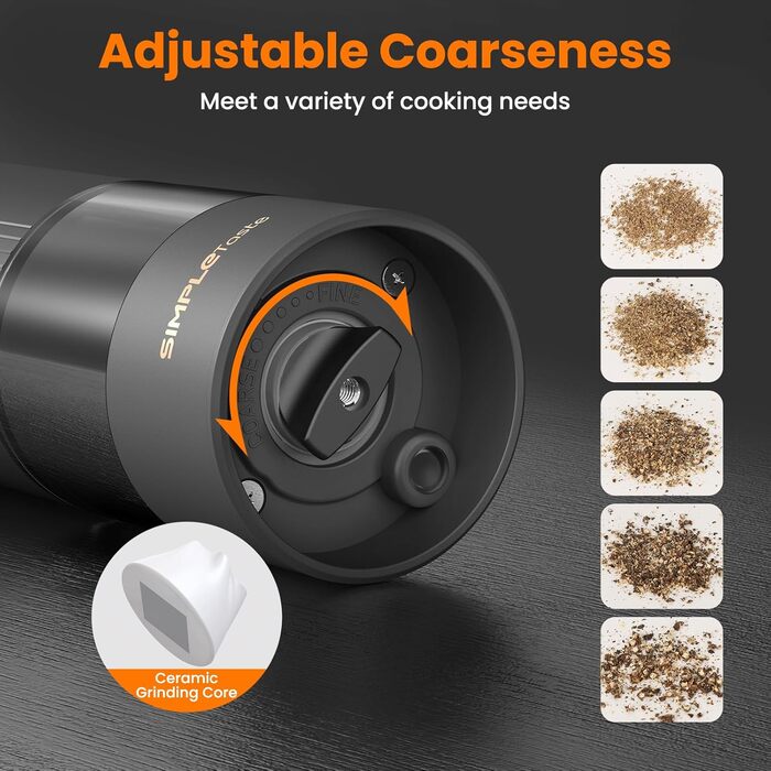 Електричні мельниці для спецій SIMPLETASTE 2 шт. з регульованим керамічним жорном, ABS, працюють від батарейок