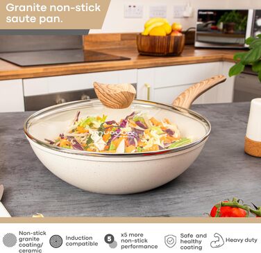 Wok Nuovva з антипригарним покриттям – глибока сковорода з кришкою з термостійкого скла, 28 см, індукційне дно, кремовий граніт