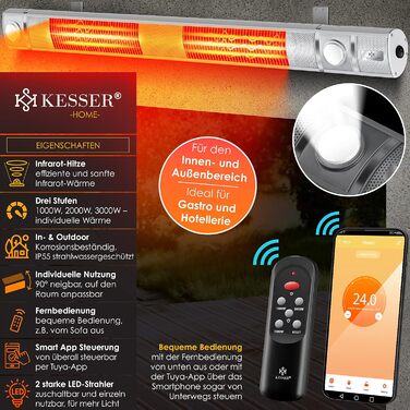 Інфрачервовий обігрівач KESSER® 3000W з LED-підсвічуванням та Wi-Fi, для тераси, кафе, бару, з пусковим пристроєм та захисним чохлом. Кварцовий настінний обігрівач (срібний)