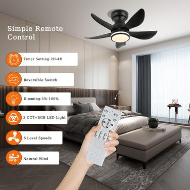 30-дюймовий стельовий вентилятор з підсвічуванням RGB, диммирування, керування пультом та додатком, 6 швидкостей, таймер, чорний, діаметр 76 см