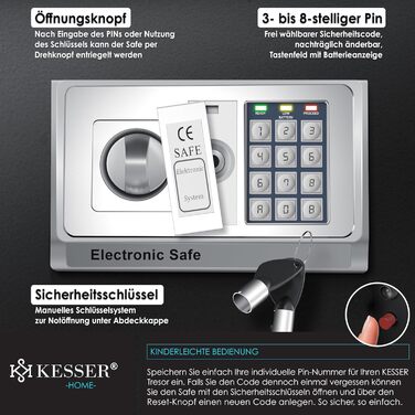 Електронний сейф KESSER® для дому та офісу 31x20x20 см, з подвійним замком, кріпленням, внутрішнім освітленням, сталевий (чорний, XL)