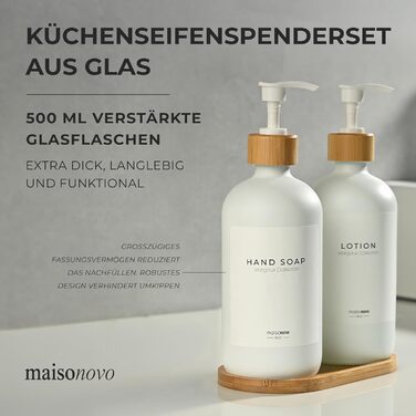 Набір дозаторів для мила та рідкого миючого засобу MaisoNovo | Скляні дозатори для ванної кімнати | 500 мл, білий колір, бамбукова помпа, 2 шт.