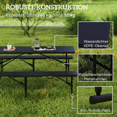 Outsunny 3-Piece Picnic Table and Bench Set, Folding, Plastic & Metal, Black