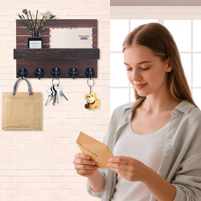 Дерев'яне настінне кріплення для ключів з полицею, декоративне, 5 гачків, для прихожої, спальні, вітальні (колір: коричневий)