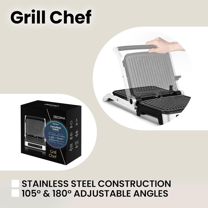 Grill Chef Electric Contact Grill and Sandwich Toaster 2100W, Removable Heating Plates, 2in1, 180° Foldable, Non-Stick Coating, Drip Tray, Acoustic Notifications (SILVER)