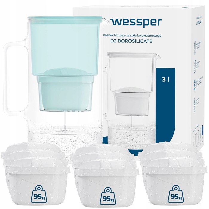 Скляний фільтр-кувшин Wessper D2 BOROSILICATE 3л, м'ятний + 10 фільтрів