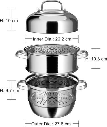 Пароварка VENTION з нержавіючої сталі, 3 яруси, діаметр 28 см, індукційна