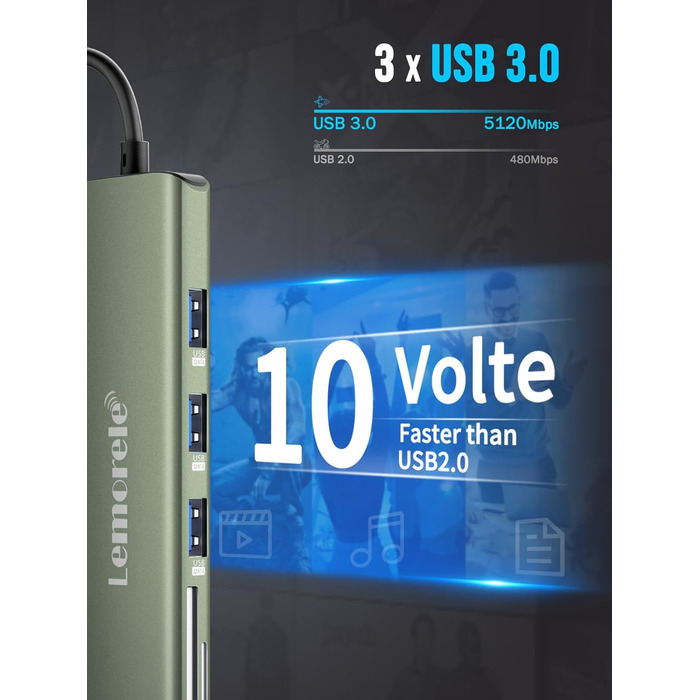 Док-станція Lemorele 2025 Upgrade: USB-C/A, 10Gbps, 3 монітори, 14 в 1, HDMI 4K, Ethernet, USB 3.2/2.0, VGA, Type-C 3.1, PD 100W, SD/TF, для Windows, MacBook (зелена)