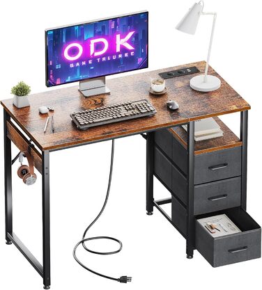 Комп'ютерний стіл ODK з 3 текстильними шухлядами, розетками і USB, реверсивний, для домашнього офісу, чорний, 100x48x75.5 см