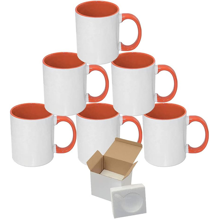 MR.R Set of 6 Sublimation Blanks, Dishwasher Safe, White Ceramic Mug, Porcelain, Coffee Mug with Inner Handle, Orange Color, Round Handle, 11 Ounces, for Heat Transfer Printing