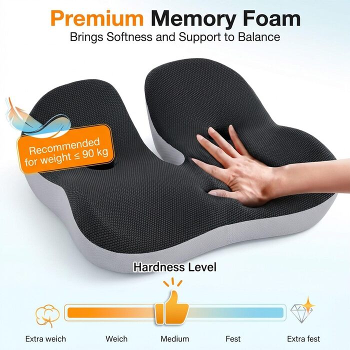 Ортопедична подушка для сидіння на стілець та в авто з Memory Foam - підтримка куприка, зняття болю при ішіасі, чорна