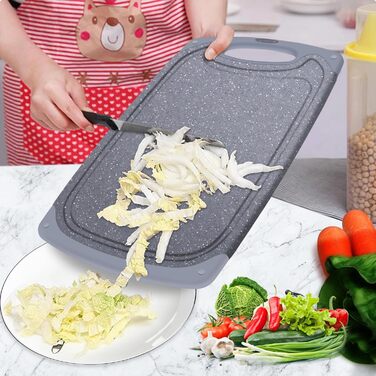 Набір обробних дощок з пластику, 3 шт. з жолобками для соку та антиковзними ручками. Без BPA, придатні для миття в посудомийній машині. Сірий кухонний дошка.