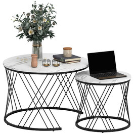 HOMCOM Set of 2 Round Coffee Tables with Marble Look - White