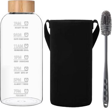 RNCKUUE 2 Liter Glass Bottle, 2l Glass Drinking Bottle, Glass Water Bottle with Filter, Neoprene Sleeve, Bottle Brush (1500 ml, Bamboo Lid)