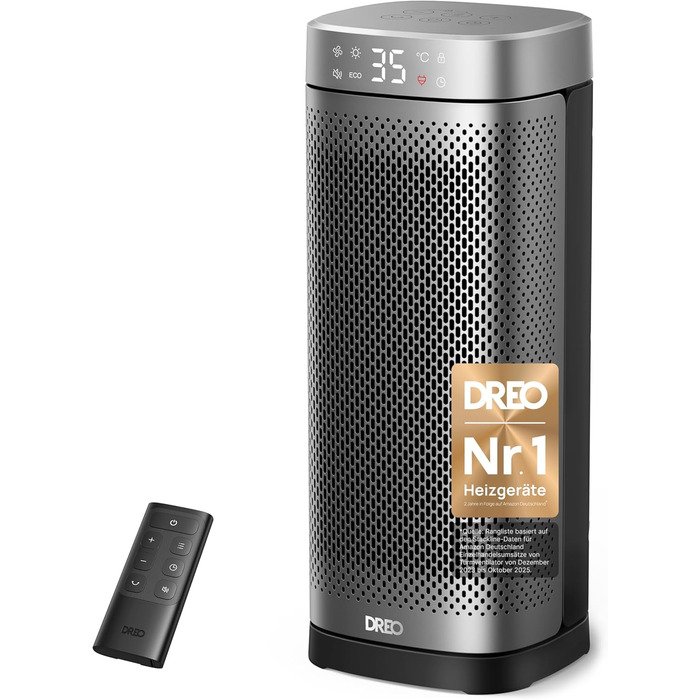 Електричний обігрівач DREO Solaris Slim H2: тихий, 2000W, керамічний, з термостатом та таймером, 70° осциляція, захист від перегріву та перекидання, срібний