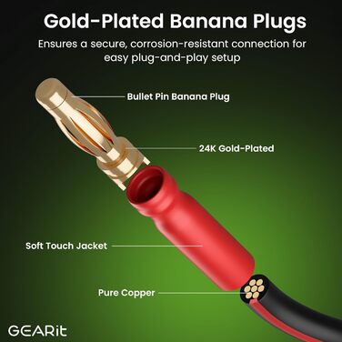 Акустичний кабель GEARit OFC 2 x 2,50 мм² (14 AWG), 2 метри, HiFi аудіо кабель для колонок з позолоченими банановими роз'ємами, чорний (2 шт. в комплекті)