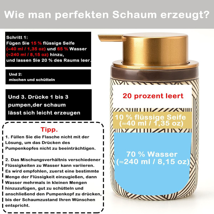 Дозатор для мила та миючого засобу GIRLUFO 350мл з великим насосом – багаторазовий дозатор піни для ванної кімнати та кухні (легко натискається) (колір: коричневий)