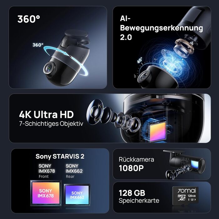 Відеореєстратор 70mai Dash Cam 4K Omni: 4K+1080P, 360° огляд, Dual STARVIS 2 HDR, GPS, WiFi, 4G LTE, 24/7 запис, AI-розпізнавання, нічне бачення, 128GB SD-карта