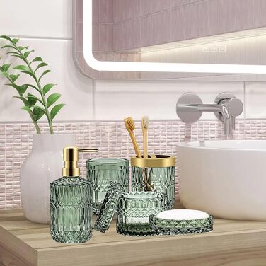 Набір аксесуарів для ванної кімнати скляний 5 предметів Lotionspender, мильниця, тримач для зубних щіток, стакан, декор (Зелений)