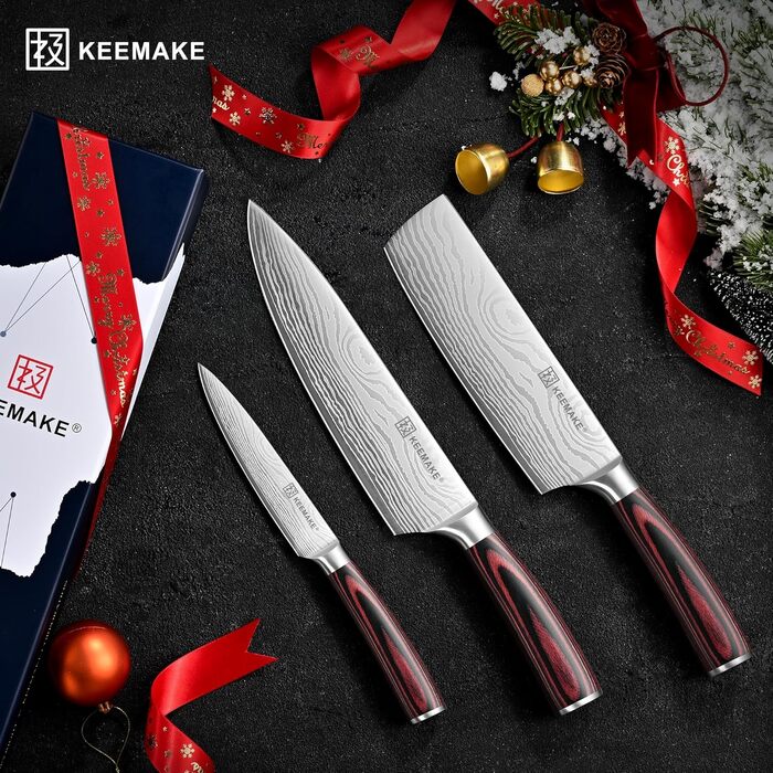 Професійний набір кухонних ножів KEEMAKE (5 предметів) з японської сталі та руків'я з пакхува, включаючи ніж сантоку та ніж для хліба, у подарунковій коробці
