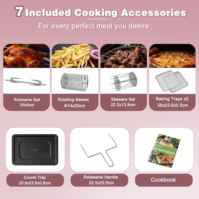LLIVEKIT Convection Oven 12 L, 12-in-1 Digital Air Fryer for Family, 360° Hot Air Circulation, Mini Oven, Oil-Free Dehydrator, 90 Min. Timer, Cookbook & 6 Accessories, 1800 W 12L Pink