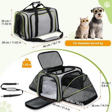 Транспортна сумка для котів та маленьких собак ALLSOPETS, розширювана, з підкладкою з флісу та кишенями (сірий & зелений)