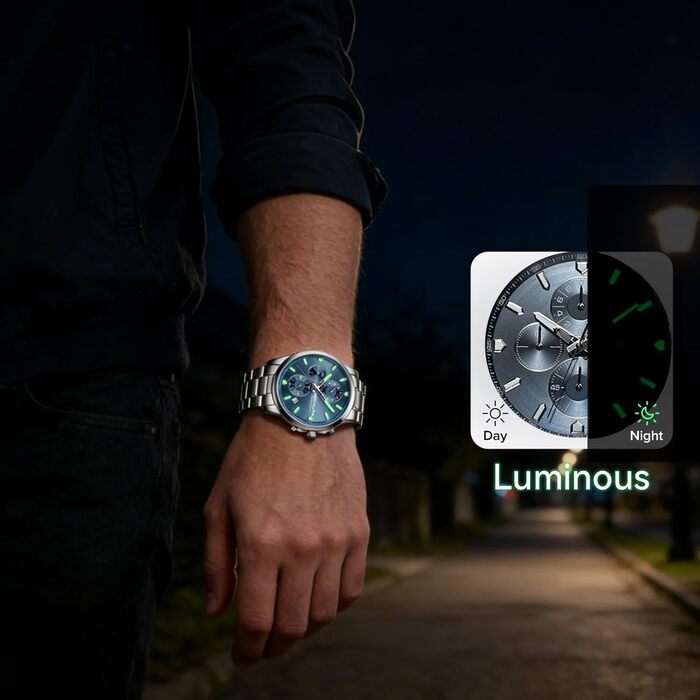 Чоловічий годинник MEGALITH з нержавіючої сталі, хронограф, водостійкий, аналоговий годинник для бізнесу, з календарем та підсвічуванням (B-silber-an)