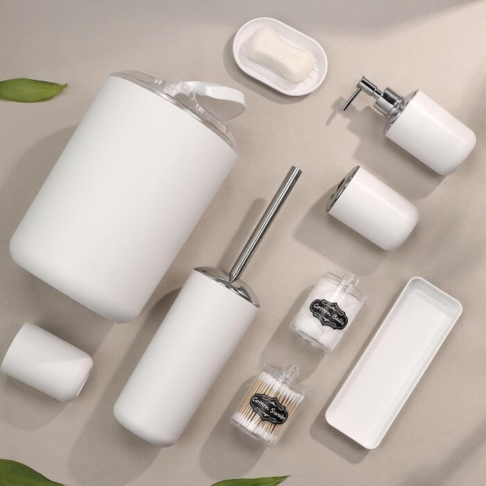 Набір аксесуарів для ванної кімнати IMAVO – 8 предметів сірого кольору (сміттєвий бак, дозатор мила, мильниця, тримач для зубних щіток, тримач для унітазного йоржика, диспенсер для ватних паличок з етикетками)