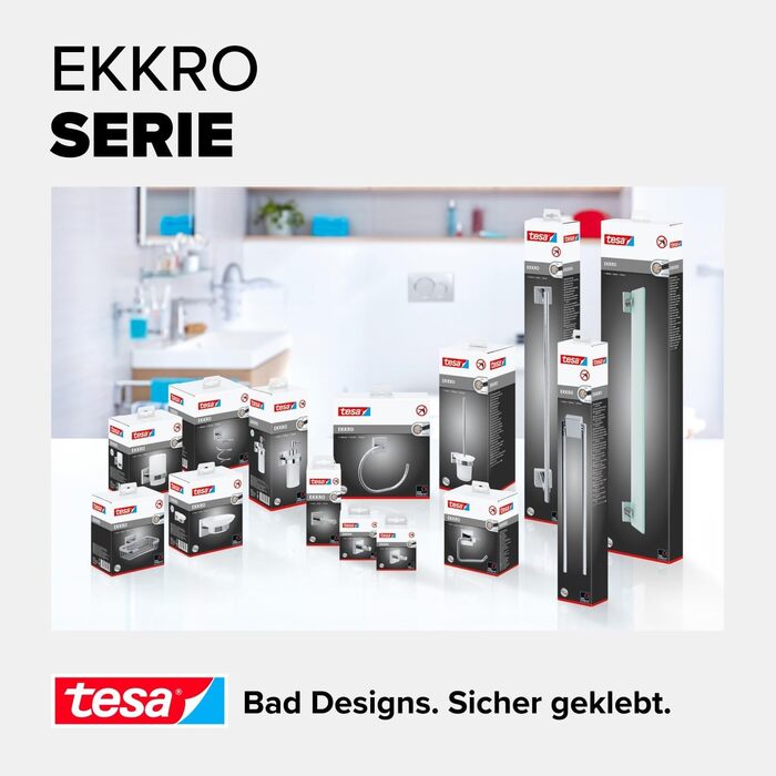 tesa EKKRO Double Towel Rail, Chrome - Towel Holder with 2 Bars - For Wall Mounting Without Drilling, Includes Adhesive Solution - 112 mm x 640 mm x 50 mm