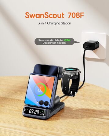 Бездротова зарядна станція 3-в-1 SwanScout 708F для Samsung Galaxy Z Flip 7/6/5/4/3, Galaxy Watch 8/7/6/5/4 та Galaxy Buds 3/2 Pro, індукційний зарядний пристрій (без адаптера)