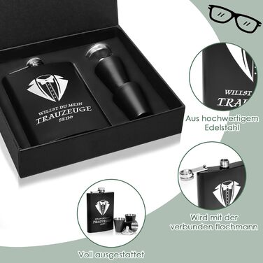 Фляга для друга нареченого з гравіюванням, 8oz, чорна, з 4 стаканчиками та воронкою, подарункова коробка, нержавіюча сталь, для весілля