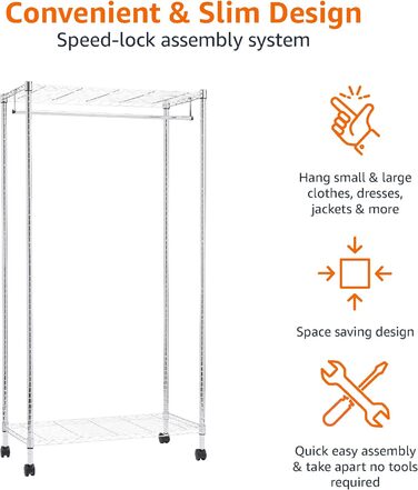 Amazon Basics Clothes Rack with Upper and Lower Shelves, 91 x 45.6 x 180.2 cm (Chrome, Single)