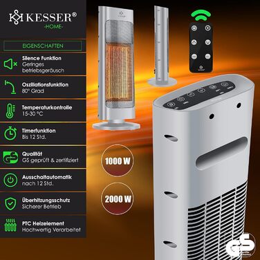 KESSER® Heater with Remote Control - Energy-Saving, Quiet, 2000W Ceramic Heater, Standing Heater, 15-30°C - Quick Heater with 80° Oscillation Function, 24h Timer, Tower Heater, Black